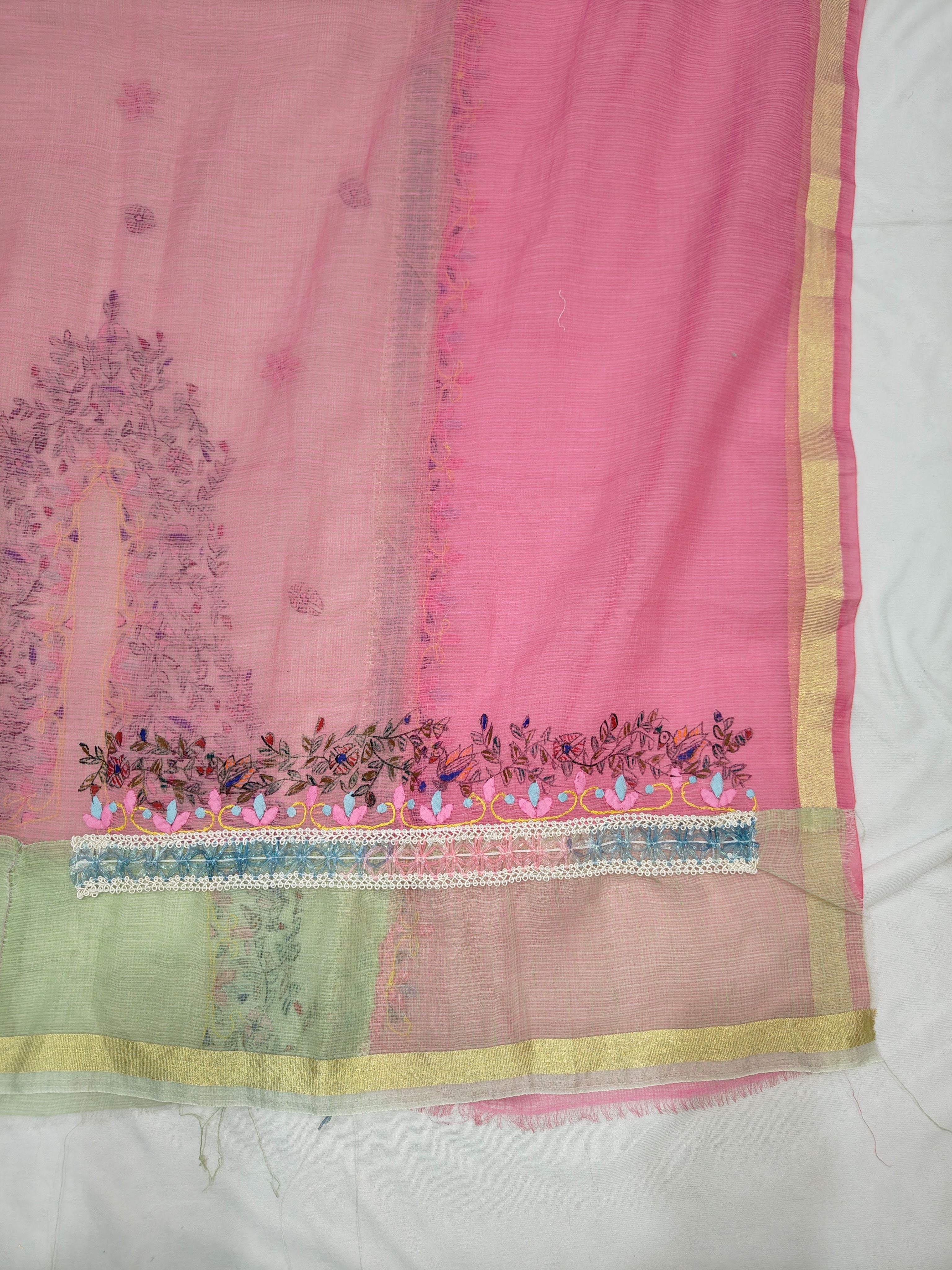 Pastel Green & Pink Soft Kota Doria - Unstitched Suit Set with Phool Patti Work